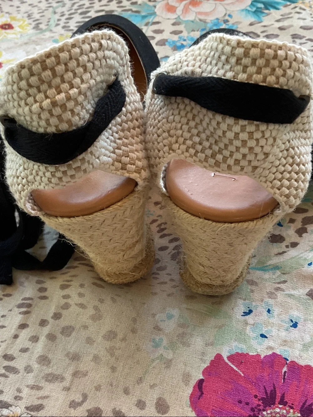 J. Crew Black Espadrille Wedges with Cream Braided Heel and Ankle Ties